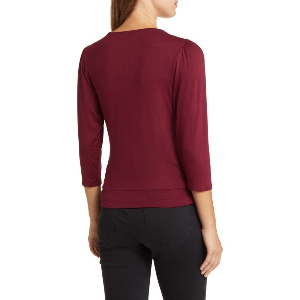 Loveappella Elegant Burgundy Faux Tie Wrap Top Size Small New WOT - Picture 3 of 9